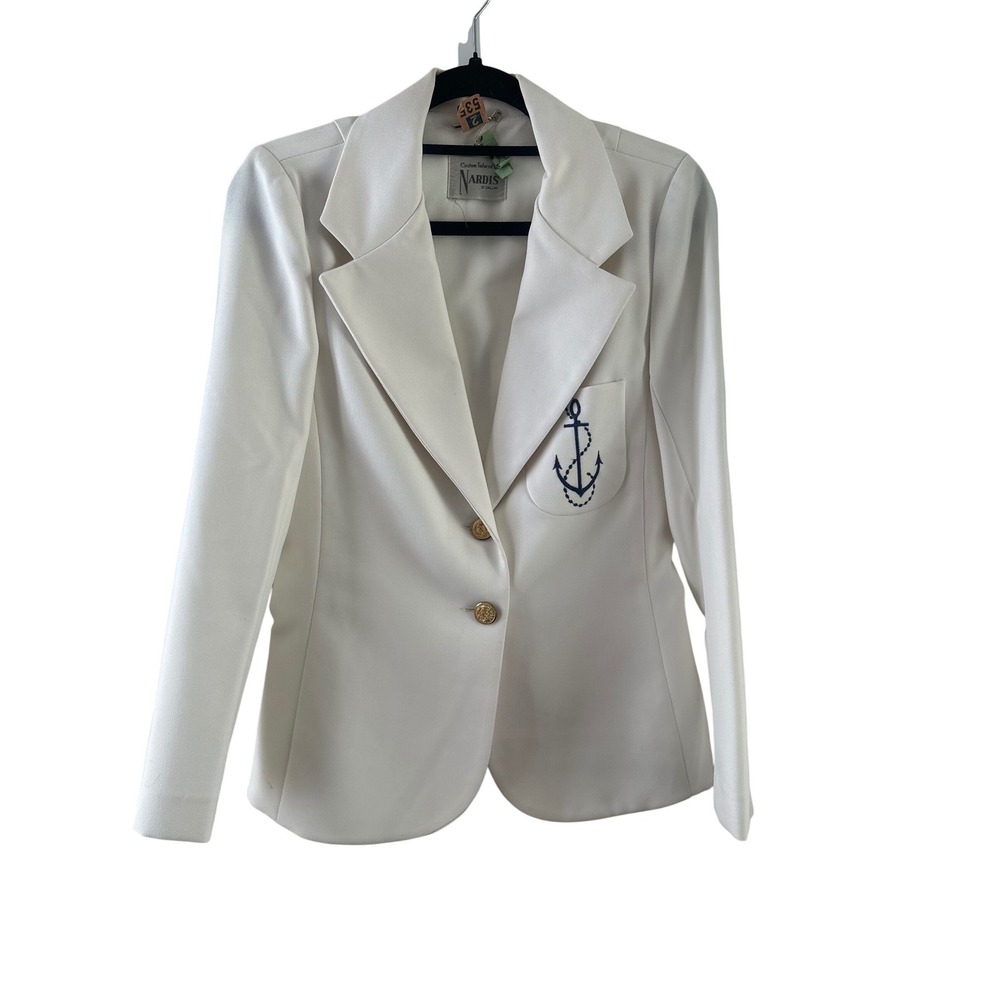 Vintage Nardis of Dallas Womens White Nautical‎ Anchor Blazer Gold Buttos Small
